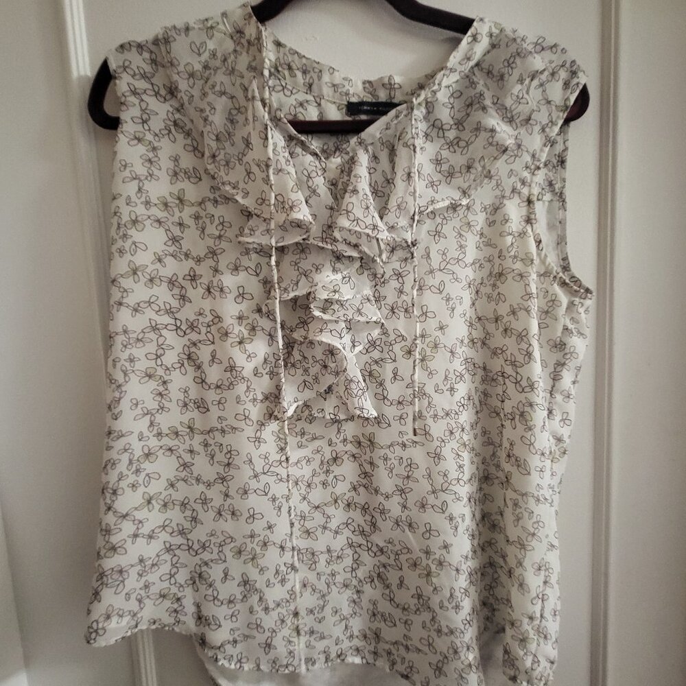 Clearance Tommy Hilfiger Ruffle Tie-Neck Floral Blouse - White/Black - Medium